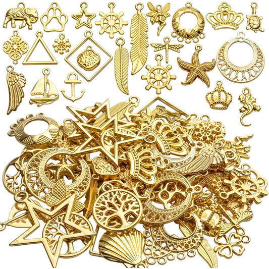 Mixed Theme Pendant Charms, 100 Gram Wholesale Bulk Charms Mixed Alloy Pendants Celestial Flower Tree Animal Charms Jewellery Accessory for Necklace Bracelet Earrings DIY Crafting, Golden