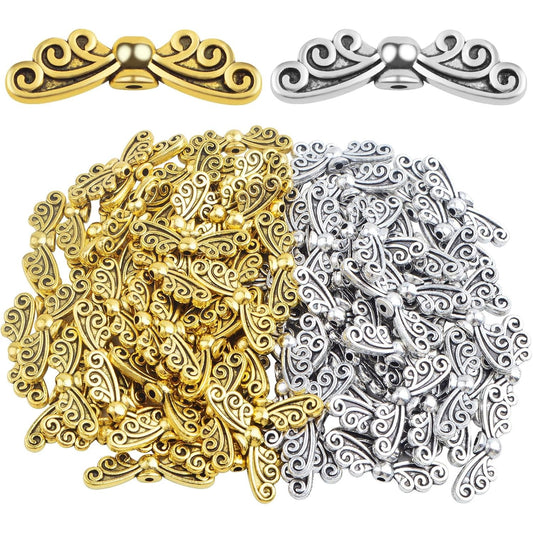 100pcs Antique Angel Wing Spacer Beads Tibetan Alloy Butterfly Fairy Wing Charm Beads Accessories for DIY Jewelry Making Christmas Wedding Decoration, 2 Colors