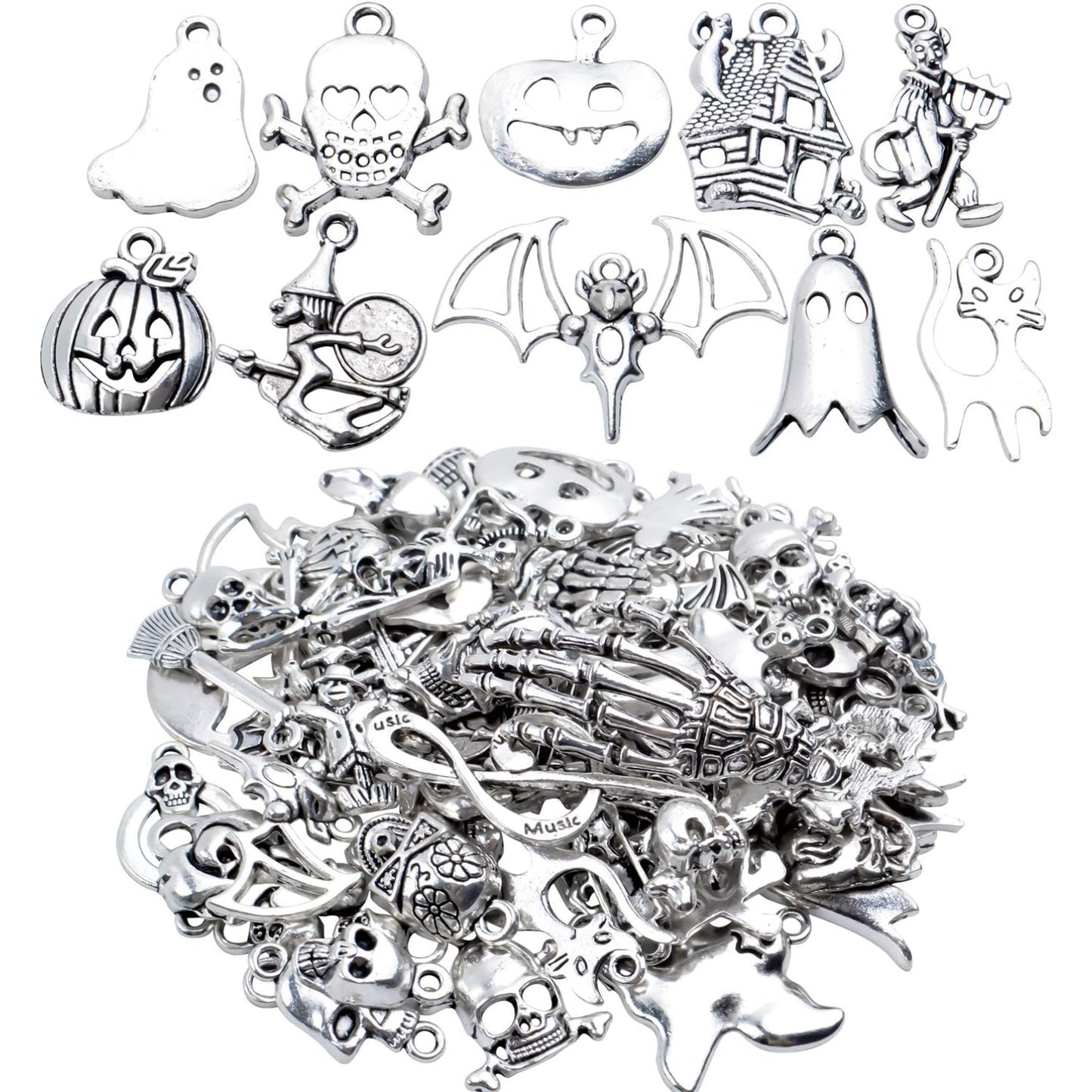 Wholesale Bulk 60 Pieces Mixed Halloween Charms Assorted Atique Silver Skull Skeleton Pumpkin Bat Witch Pendants Charms for Jewelry Making Key Rings Crafts