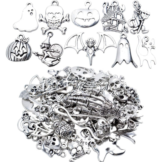 Wholesale Bulk 60 Pieces Mixed Halloween Charms Assorted Atique Silver Skull Skeleton Pumpkin Bat Witch Pendants Charms for Jewelry Making Key Rings Crafts