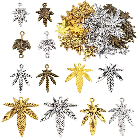 60pcs 4 Colors Tibetan Maple Leaves Charms Vintage Alloy Medical Pot Cannabis Tree Leaf Marijuana Leaves Pendants Fall Charms for DIY Necklace Earring Jewelry Making, 6 Sizes