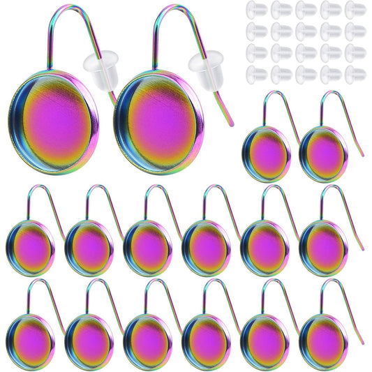 20pcs 12mm Rainbow Color Earring Wire Hooks Blanks Stainless Steel Flat Round Bezel Trays Cabochon Settings and 20pcs Earring Backs for DIY Earrings Jewelry Making Supplies