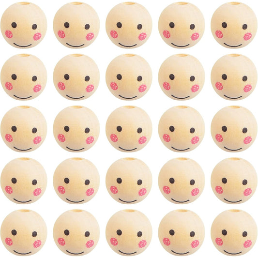 100pcs 16 mm Smile Face Natural Wood Beads Round Ball Smiley Wooden Spacer Beads Head Loose Crafts Beads for DIY Jewelry Making Chiristmas Tree Wreath Decoration, Hole: 4 mm
