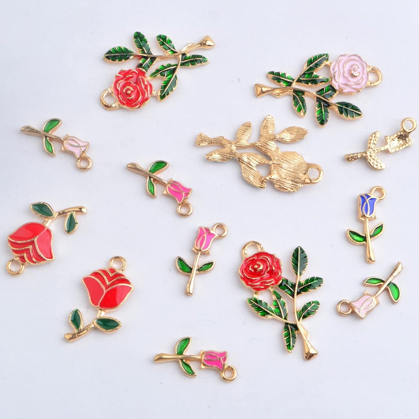 35pcs Multi-colored Enamel Rose Flower Charms Golden Plated Alloy Mini Flower Dangle Pendants for DIY Necklace Bracelet Earrings Jewelry Making Findings, 3 Styles