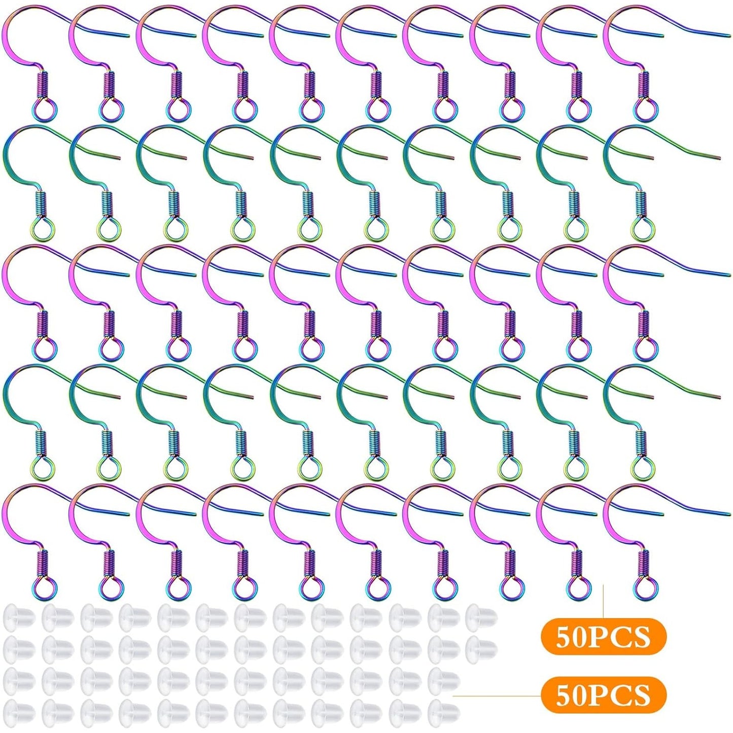 50pcs Stainless Steel Earring Hooks Hypoallergenic French Ear Wire Fish Hooks with 50pcs Clear Earring Safety Backs for DIY Earrings Jewelry Making Supplies, Rainbow Color