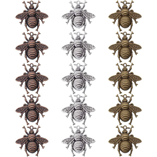 15 Pieces Bee Pendants, Honeybee Charms Fly Insect Charm Metal Jewelry Findings for Jewelry Making DIY, Antique Silver, Antique Bronze and Antique Gold Color