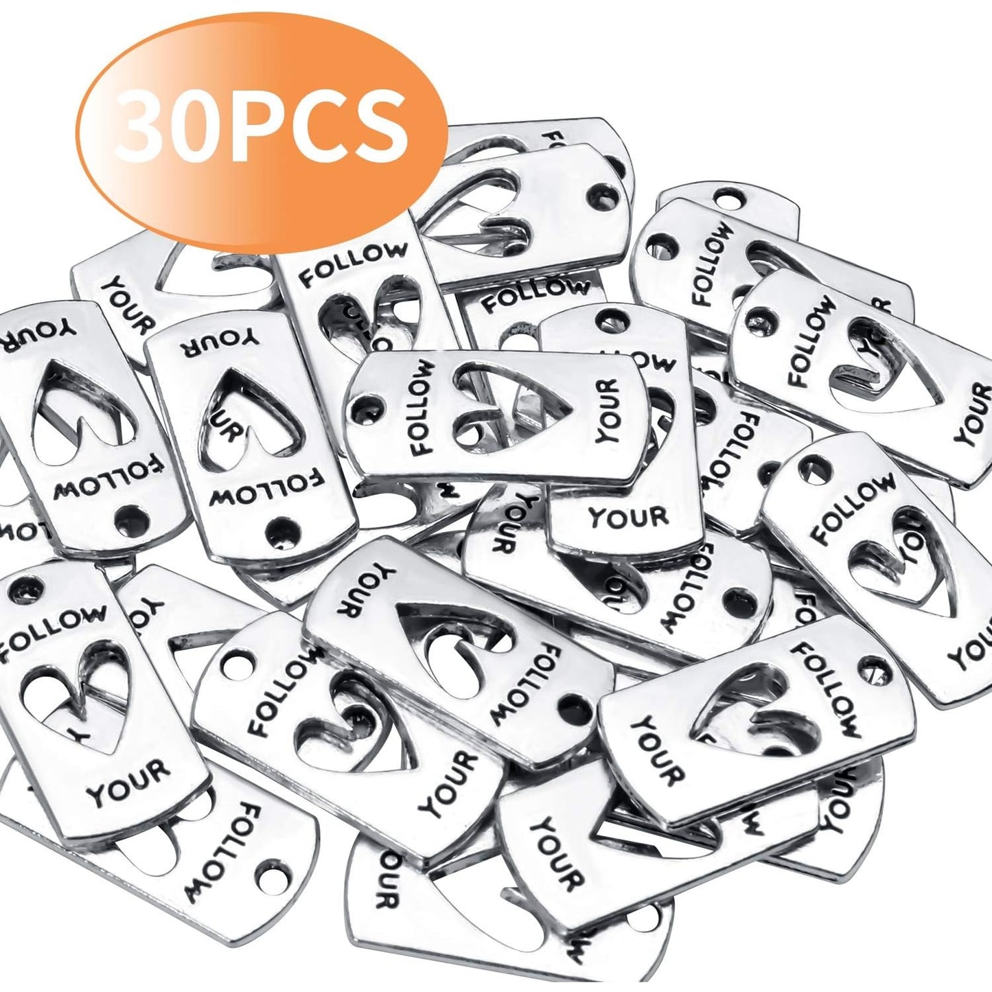 Word Charms Collection,30pcs Antique Silver Message Pendants Inspirational Lettering charms for Jewelry Making Decoration Crafting,20 x 10mm (follow your)