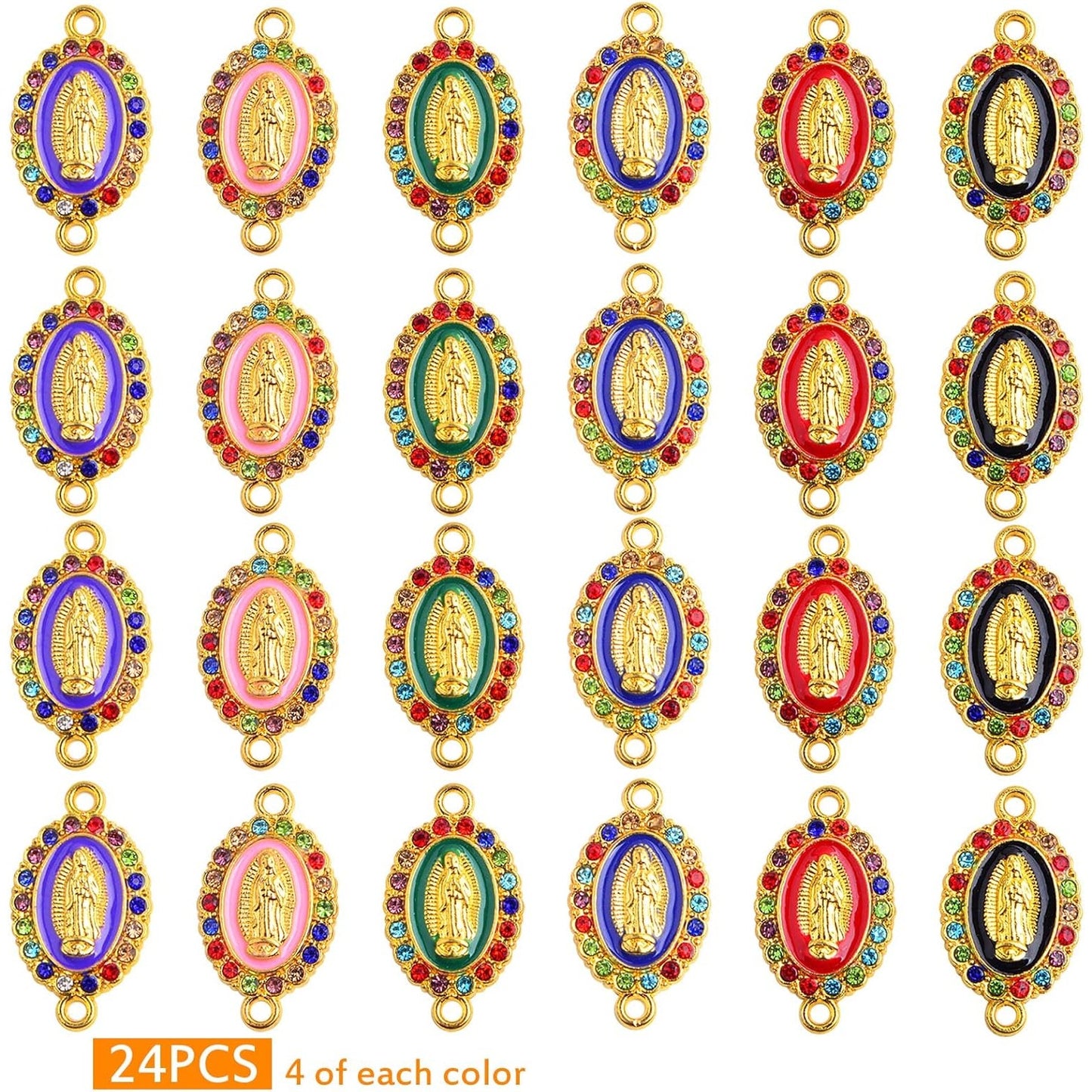 24pcs 6 Colors Enamel Virgin Mary Charms Links Alloy Inlay Rhinestones Our Lady Miraculous Medal Connector Pendants for DIY Necklace Bracelet Earrings Jewelry Making