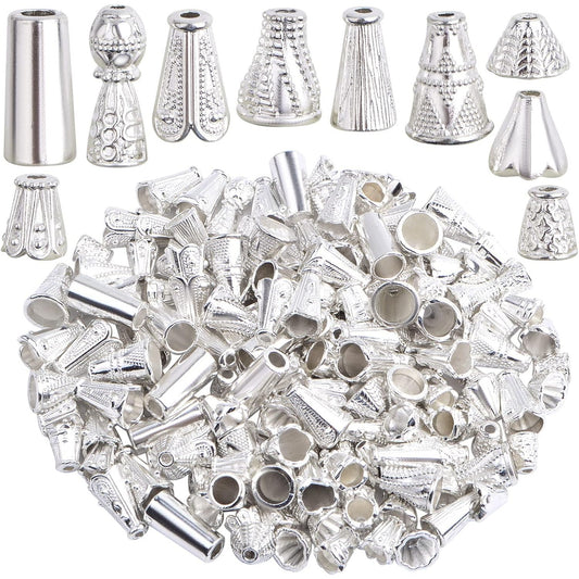 100 Gram (About 110-150pcs) Mixed Styles Cone Bead Caps Tibetan Alloy Flower Spacer Bead Caps Tassel End Caps for DIY Bracelet Necklace Jewelry Craft Making, Bright Silver