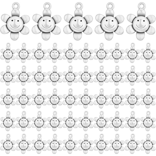 100pcs Antique Silver Smiley Sunflower Charms Alloy Sun Flower Smile Face Dangle Pendants Jewelry Findings Accessories for DIY Bracelet Necklace Earrings Crafts Making