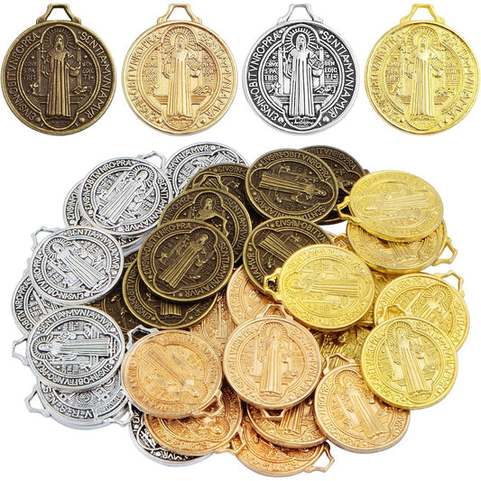 40 Pieces Round Jesus Cross Saint Benedict Medal Charms Vintage Alloy Religious Jesus Symbol Dangle Pendants for DIY Rosary Necklace Bracelet Jewelry Making, 4 Colors